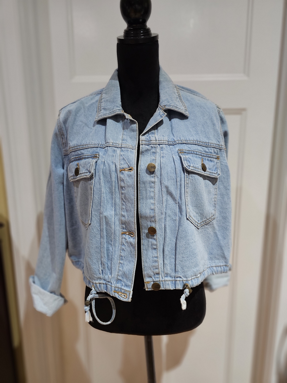 Light Blue Cropped Denim Jacket With Adjustable Drawstring Hem